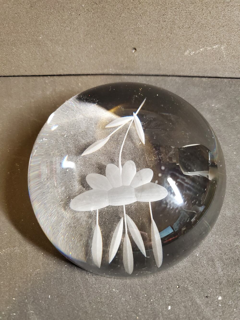 Art Glass Magnifying Etched Flower Paperweight Clear - 4"
